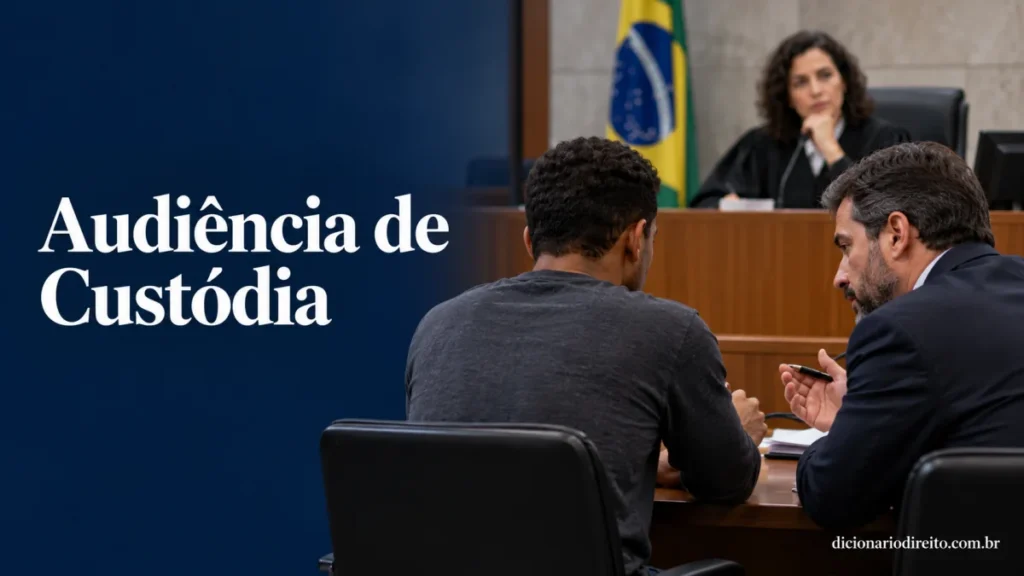 Audiência de custódia em sala de tribunal, com pessoa presa, defesa e magistrada