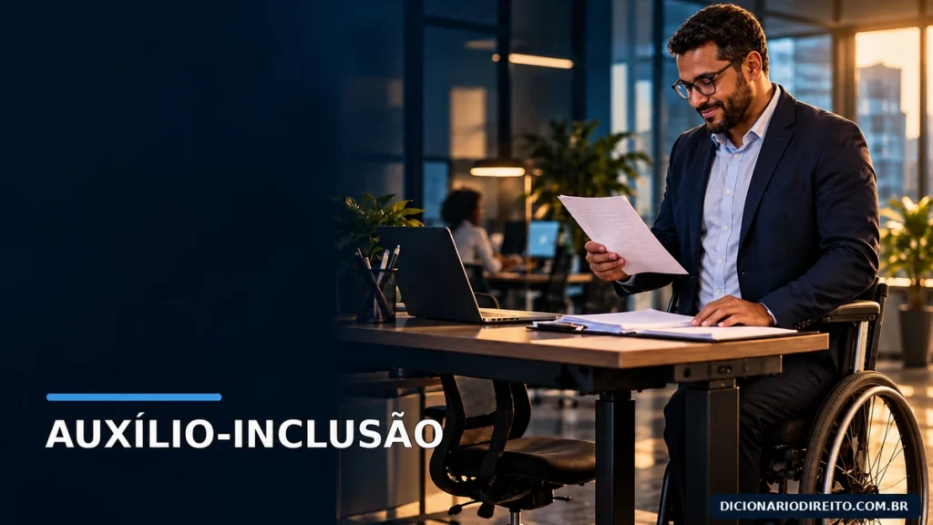 Profissional com deficiência analisa contrato de trabalho e documentos do benefício em escritório acessível