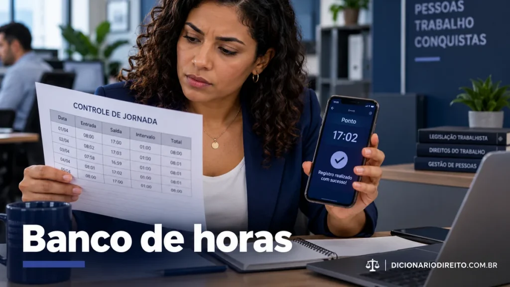 Banco de horas: regras, prazo de compensação e saldo no holerite — ilustração editorial sobre direitos e procedimentos no Brasil