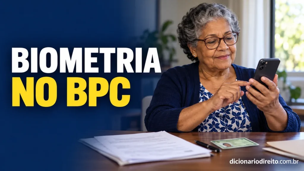 Beneficiária idosa consulta o celular e documentos para verificar o cadastro biométrico do BPC.