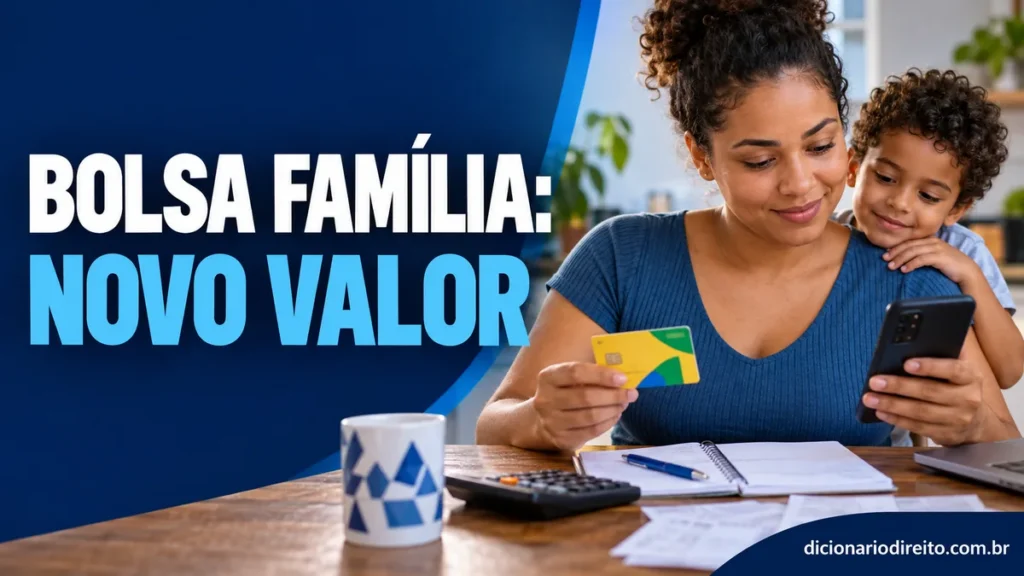 Mãe consulta o benefício do Bolsa Família pelo celular enquanto organiza as despesas da família.