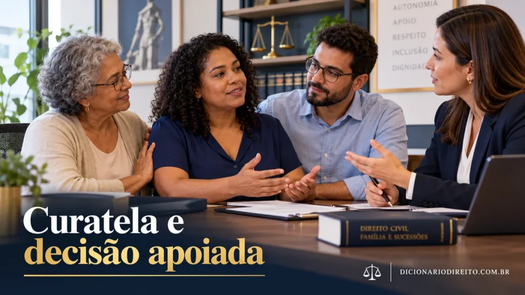 Curatela e tomada de decisão apoiada: entenda as diferenças — ilustração editorial sobre direitos e procedimentos no Brasil