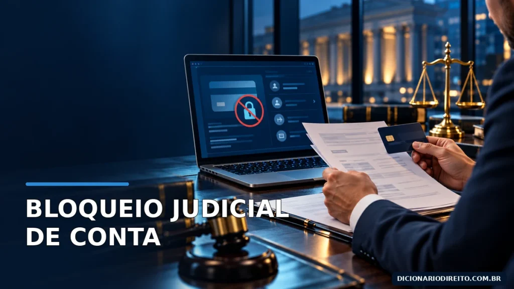 Bloqueio judicial de conta bancária em tela de computador, com cartão e documentos sobre uma mesa