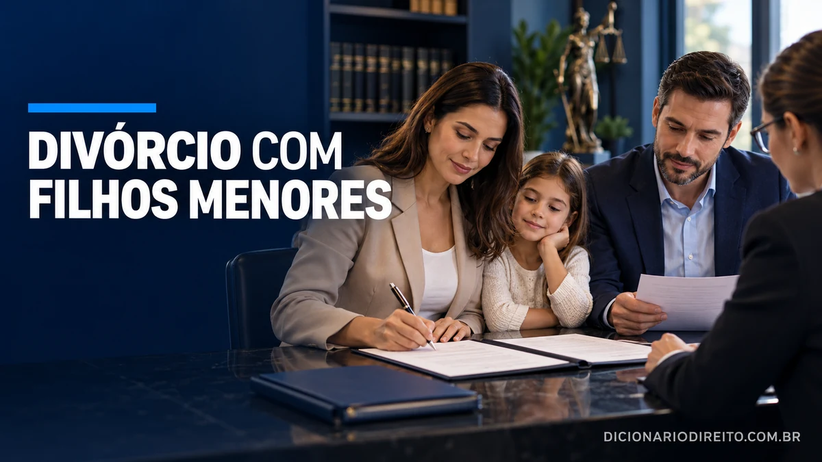 Pais analisam documentos de divórcio em cartório com filho ao lado