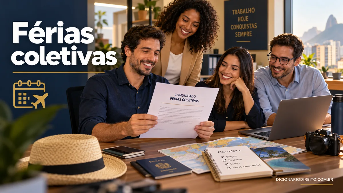 Férias coletivas: aviso, pagamento e direitos do trabalhador — ilustração editorial sobre direitos e procedimentos no Brasil