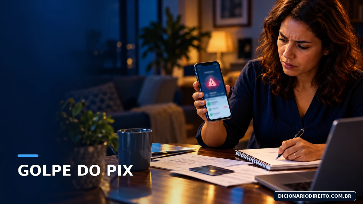 Mulher segura um celular com alerta de possível golpe do Pix e registra informações em um caderno.