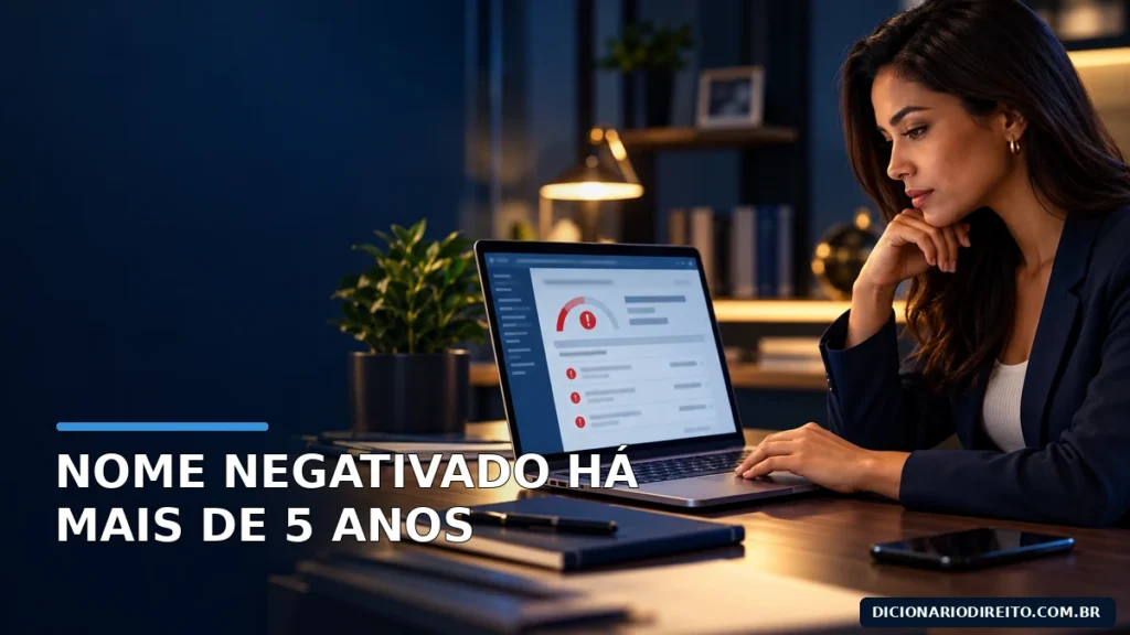 Consumidora consulta em um laptop um relatório de crédito com anotações negativas desfocadas