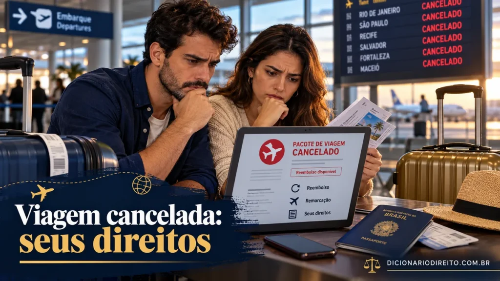 Pacote de viagem cancelado: reembolso, remarcação e direitos do consumidor — ilustração editorial sobre direitos e procedimentos no Brasil