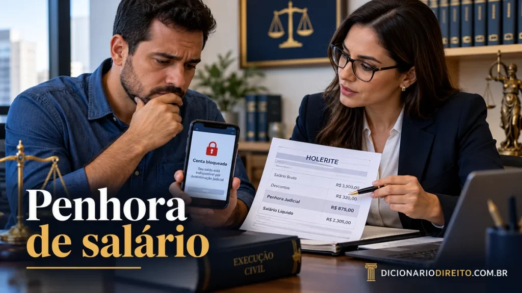 Penhora de salário: em quais situações a Justiça pode bloquear parte da renda? — ilustração editorial sobre direitos e procedimentos no Brasil