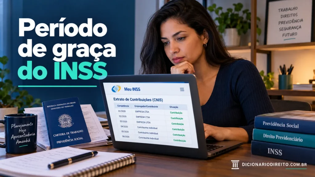 Período de graça do INSS: por quanto tempo a pessoa mantém a qualidade de segurado? — ilustração editorial sobre direitos e procedimentos no Brasil