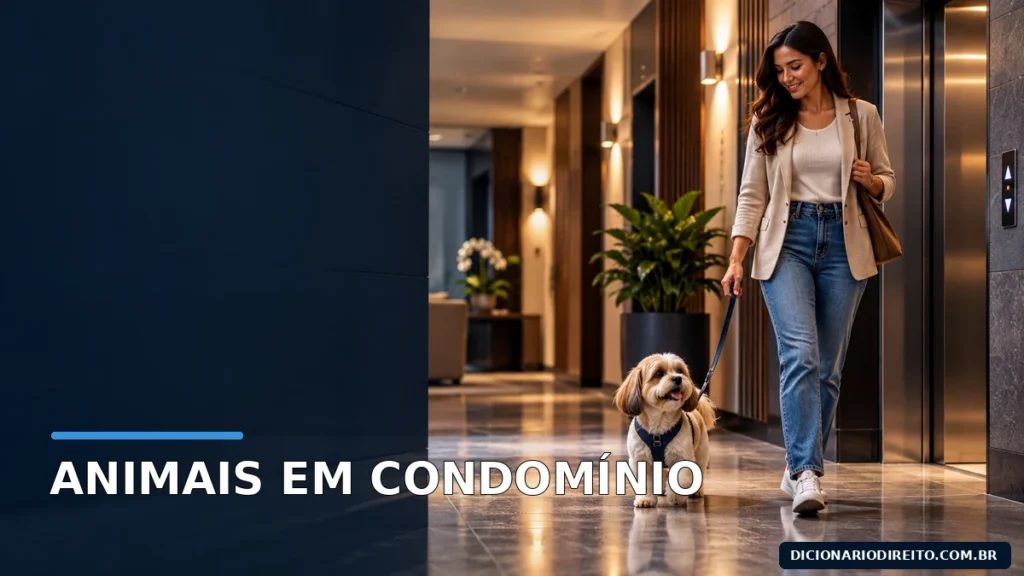 Moradora passeia com cachorro tranquilo no corredor de um condomínio residencial