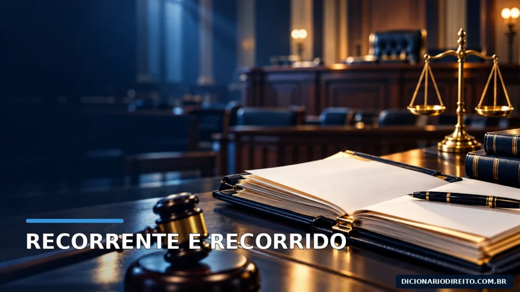 Processo judicial e balança da Justiça em mesa de tribunal representam as partes de um recurso