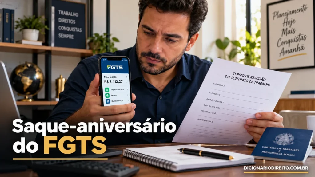 Saque-aniversário do FGTS: trabalhador segura o celular com o aplicativo FGTS aberto e confere documento rescisório.