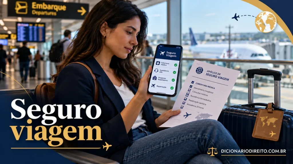 Seguro viagem: mulher confere a apólice e a cobertura no celular — imagem editorial.