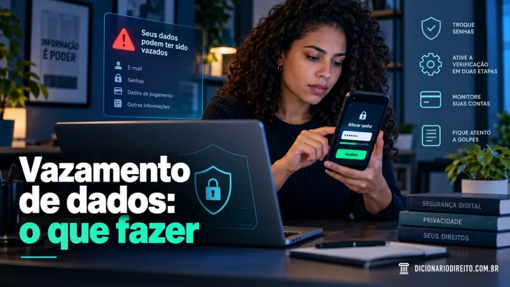 Vazamento de dados pessoais: o que fazer e como reclamar — ilustração editorial sobre direitos e procedimentos no Brasil